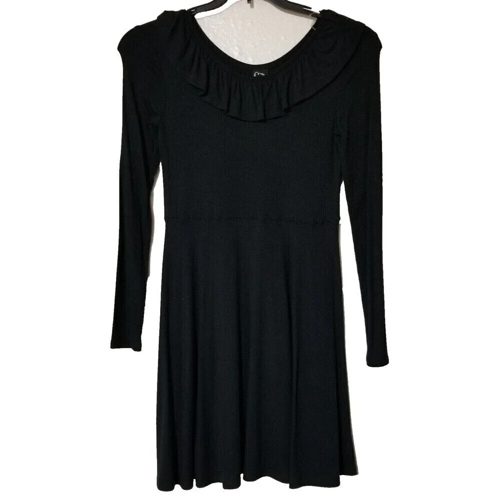 Art Class Girls Black Dress Long Sleeve Large 10 12 Ribbed Stretch Ruffle Collar